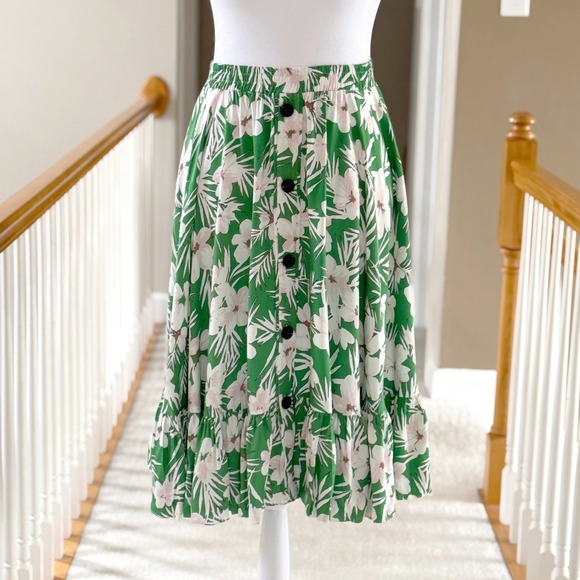 Pari Passu Kelly Skirt Green Floral Button Front Ruffle Hem Midi Skirt Size 22 - Picture 2 of 8